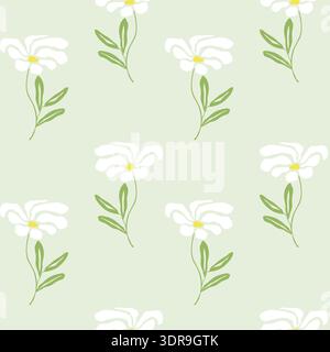 Daisies in spring meadow, boho style chamomile pattern on light fresh green background. Suitable for textiles, packaging, and wallpaper. Vector illust Stock Vector