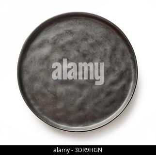 empty black plate isolated on white background, top view Stock Photo