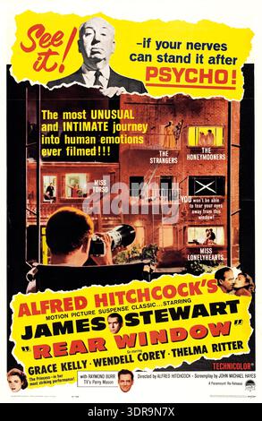 This 1962 reissue poster for Alfred Hitchcock's classic film "Rear Window" features the iconic director's head emerging from a torn yellow banner, inviting viewers: "See it! -if your nerves can stand it after PSYCHO!" Below, a man (James Stewart) with a camera gazes into the windows of a brick apartment building, each revealing a different neighbor's life, with featured stars Grace Kelly, Wendell Corey, and Thelma Ritter highlighted. Stock Photo