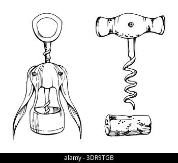 Winged corkscrew with handle and levers, T-shape with cork handle. Hand drawn in ink, detailed sketch style. Vector illustration for beverage Stock Vector