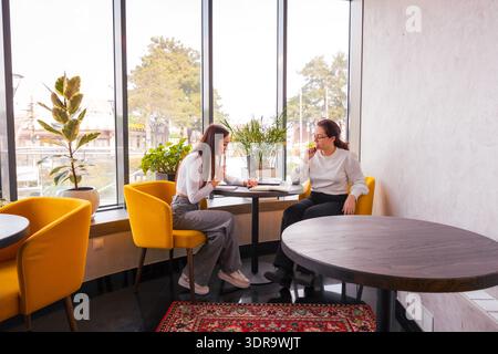 Focused talk between two elegant Caucasian women reviewing ideas in a peaceful cafe. Strategic energy. Concept of digital marketing and project synerg Stock Photo