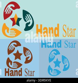 A meaningful and vibrant logo design featuring three protective hands forming a circular shape around a central star. The concept represents unity, su Stock Vector