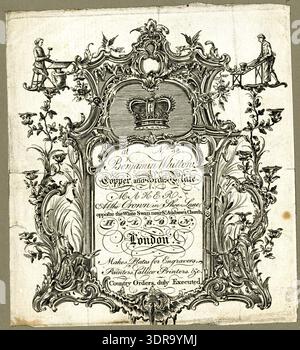 This circa 1770s trade card depicts Benjamin Whittow, a printer at No. 48 Shoe Lane, Holborn, London. The text is inscribed within a Rococo border, showing the shop sign of the Crown above and a man at each side working a copper plate. Executed in etching and engraving, the card demonstrates 18th-century British commercial print design, decorative typography, and the promotion of printmaking services and workshop identity. Stock Photo