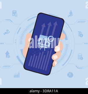 Mobile data analysis with presentation board icon on screen, business reporting, financial review and strategic planning concept. Stock Vector