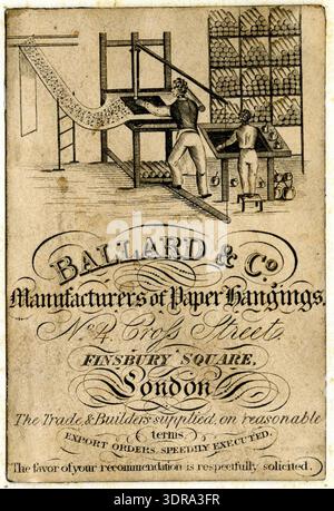 Etching of the trade card of Ballard & Co, papermakers, at No.4 Cross Street, Finsbury Square, London, circa 1770-1830. The image shows a man operating a printing press producing wallpaper, assisted by a young worker to the right. Text is placed below the scene. This artwork illustrates 18th- and early 19th-century London commercial industry, papermaking, workshop labor, and decorative trade card design. Stock Photo