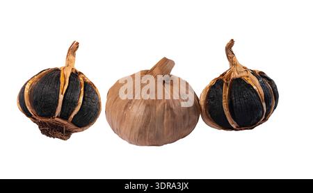 Black fermented garlic bulb isolated on white background Stock Photo