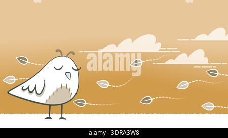 Illustration of a small white bird on a windy autumn day. Stock Vector