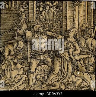 This 1520 woodcut print by Hans Weiditz depicts the Massacre of the Innocents. A central female figure holds a child and fends off a male figure with a short sword, while other dead children lie on the ground and a mourning mother stands at left. Herod observes from a building in the background. The composition emphasizes gesture, posture, narrative action, and Renaissance German woodcut technique, illustrating historical and religious storytelling with visual clarity and detail. Stock Photo