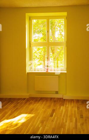 Empty room in old apartment building with parquet floor and wooden windows Stock Photo