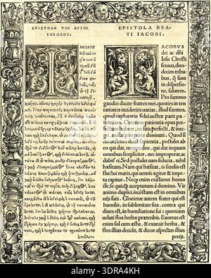 Woodcut and letterpress book ornament produced between 1510 and 1525, consisting of a decorative text border and two large initials. The border features trophies, grotesque masks, and scrolling tendrils. Initial letter I forms contain grotesque figures and leaf ornament on a black ground. Printed from six separate blocks and used in editions of a Latin and Greek New Testament. Example of early 16th-century typographic decoration integrating relief illustration with printed scripture text. Stock Photo