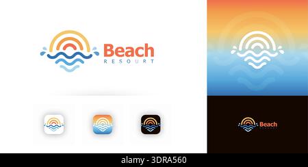 Sun Logo Summer Sunrise Sunset on Sea Icon in Line Boho Style. Modern Nature Circle Sunshine Light Symbol, Sunlight on Ocean Sign. Sunny Morning Label Stock Vector