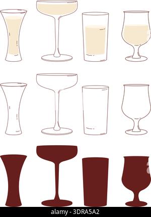 Cocktail Glassware Hand Drawn Set. Isolated Empty Outline and Silhouette Variations Drawings. Vector Illustration Stock Vector