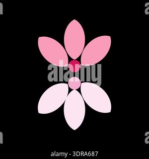 Symmetric floral icon. Pink petal symbol. Reflective Vector image. Abstract black background. Stock Vector