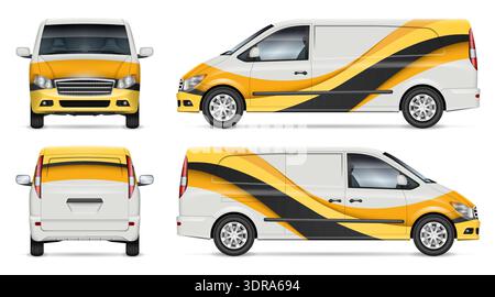 Delivery minivan wrap vector mockup shown from side, front, rear view. Perfect for corporate identity, vehicle branding and design concepts Stock Vector