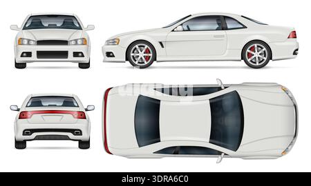 White sports car set, front, side, rear, top view. Car vector mockup for vehicle branding, corporate identity Stock Vector