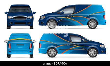 Delivery minivan wrap vector mockup shown from side, front, rear view. Perfect for corporate identity, vehicle branding and design concepts Stock Vector