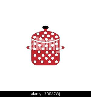 Red cooking pot. White polka Vector. Kitchenware metal pan. Stewing vessel symbol. Stock Vector