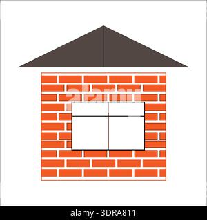 Brick house icon. Residential building facade. Red brick wall. Window facade Vector. Stock Vector