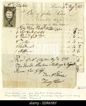 This circa 1780 bill-head by J. Lockington documents John Price, a glass tradesman on Coventry Street near Haymarket, London. The etching and engraving features a large inscribed vase 'Lustres & Girandoles', printed text, and a manuscript bill addressed to Mr. Clayton dated 1785. A second sheet includes a two pence blindstamp. The print demonstrates 18th-century commercial engraving, trade advertisement, and metal and glasswork illustration. Stock Photo