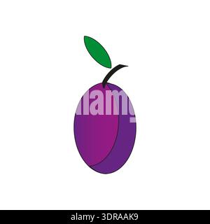 Ripe plum fruit icon. Dark purple gradient. Green leaf Vector detail. Sweet organic dessert. Stock Vector
