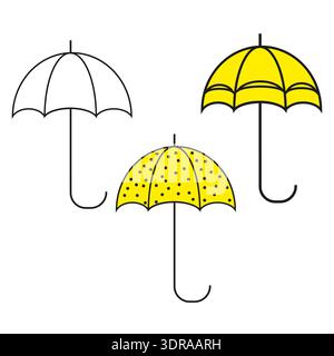 Umbrella rain icons set. Weather protection Vector symbol. Yellow bright color scheme. Outline simple rain accessory. Stock Vector