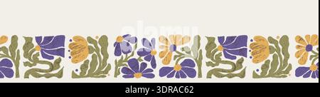 Matisse Inspired Seamless Floral Border. Abstract Hand-Drawn Flowers With Hatching Textures On Light Background, Horizontal Botanical Pattern Ribbon. Stock Vector