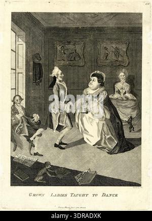 This 1768 etching and engraving titled 'Grown Ladies Taught to Dance' depicts a satirical scene of social pretensions. A thin elderly dancing master instructs a stout young woman while an older woman observes. A man strums a guitar, books and music sheets scatter on the floor, a monkey plays with a fan, and a small dog dances. Two ornate framed pictures on the wall depict dancing figures and a bear with its keeper. The print illustrates humor, domestic interiors, and late 18th-century British social satire. Stock Photo