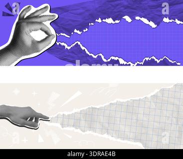 Hand pointing halftone collage, paper texture, grid. Empty space for text, frame, banner. Doodle elements. Social media announcing promotion and marketing. Vector illustration Stock Vector