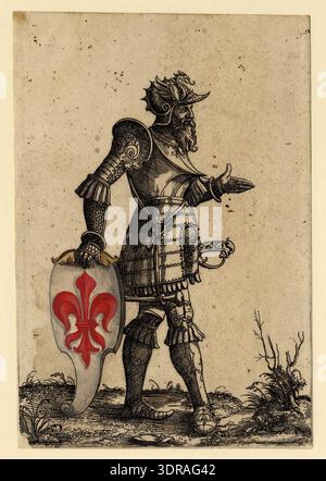 This circa 1545-1547 etching with hand-colouring by Hans Burgkmair the Younger and Heinrich Vogtherr II depicts one of forty-five prints showing coats of arms of Augsburg families. The whole-length male figure wears armour turned to the right, holding a shield displaying a red fleur-de-lis on white for the Winckler family. The print exemplifies Renaissance heraldry, European family representation, and combined etching and hand-colouring techniques. Stock Photo
