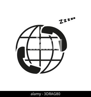Sleeping globe icon. Black phone receivers. Zzzzz nap Vector symbol. Quiet world communication. Stock Vector