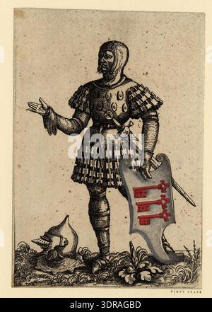 This circa 1545-1547 etching by Hans Burgkmair the Younger and Heinrich Vogtherr II depicts one of forty-five Augsburg family coats of arms. A full-length male figure in armour faces left, holding a shield displaying three red keys on a white background representing the Portner family. The shield features hand-colouring. The print illustrates Renaissance heraldry, family identity, European armour, and decorative printmaking techniques used in 16th-century Augsburg book illustration. Stock Photo
