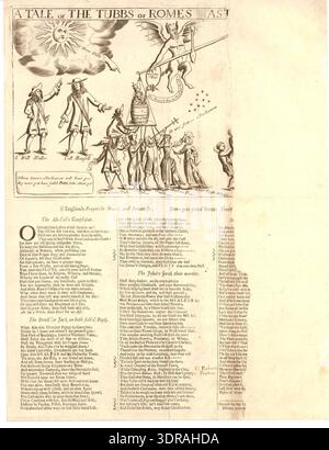 This 1679 satirical broadside illustrates the Meal-Tub Plot. A devil holds a balance; on the left scale, a Pope sits in a meal-tub with a man extracting papers, opposed by Catholics including Sir Robert Peyton, a Jesuit, John Gadbury, the Marchioness of Powis, and Elizabeth Cellier. On the right, Protestants pull at the other scale. The hand of God points from a radiant sun. Engraving highlights 17th-century English satire, political commentary, religious figures, and symbolic composition. Stock Photo