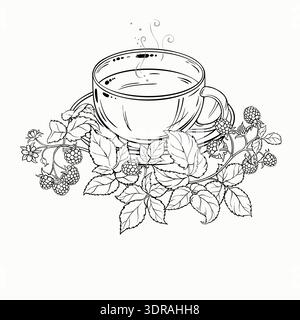 Cup of Raspberry Tea Outline Illustration. Stock Vector