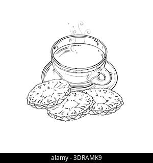 Cup of Pineapple Tea Outline Illustration. Stock Vector