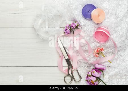 Mosaic Collage of Crafting Materials and Tools Arranged on a Wooden Surface Stock Photo