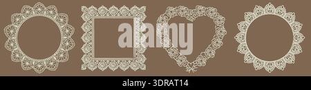 Hand drawn vintage whimsical lace frames and doilies decorations with floral ornament details. Crochet, whimsy decorative circular, square and heart Stock Vector
