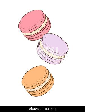 Three colorful macarons are shown in a clean hand drawn flat vector style. This sweet French dessert object is ideal for bakery branding, cafe menus, Stock Vector