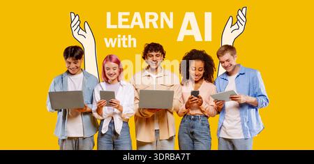 Five Young Adults Using Technology in Front of a Yellow Background Stock Photo