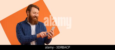 Man Using Smartphone While Standing Against a Plain Background With Shapes Stock Photo