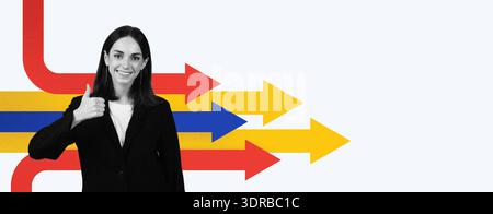 Collage of a Woman With Arrows Showing Different Directions at a Business Meeting Stock Photo