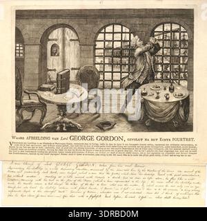 This 1780–1781 hand-coloured print shows a room in the Tower of London with Lord George Gordon. A man clasps his hands in despair, wearing a wig and laced coat. Stone arches form the back wall with two filled by iron bars showing buildings, a gallows, and execution of rioters. A cart holds a standing man, another is suspended. A clergyman observes, and crowds watch. The print documents imprisonment, punishment, 18th-century attire, architecture, legal practices, and public spectacle in late 18th-century England. Stock Photo
