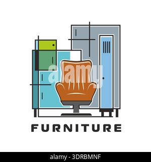 Home interior decor and furniture icon with modern armchair, cabinet, locker and geometric interior elements. Isolated vector emblem for home decor brands or interior design services evokes comfort Stock Vector