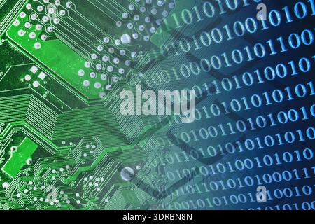 Binary code over green computer circuit board background. Digital technology and data processing concept with electronic components closeup. Stock Photo