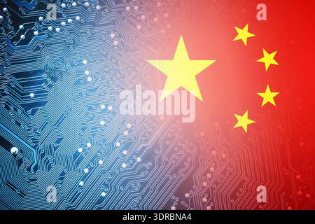 China flag over computer circuit board background. Technology and processor industry concept. Digital electronics and global manufacturing. Stock Photo