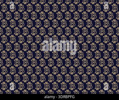 Abstract geometric pattern with bitcoin. A seamless background. Dark blue and gold ornament. Graphic modern pattern. Simple lattice graphic design. - Vector illustration Stock Vector