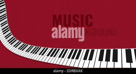 Music background with long curved wavy piano keys on red background. Vector illustration Stock Vector