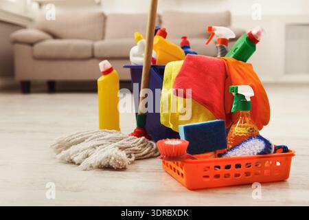 Cleaning Supplies Set for House Cleaning Activities at Home Stock Photo