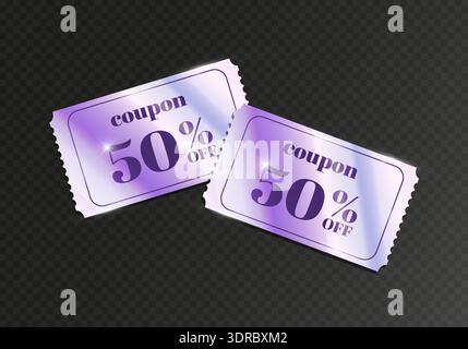Two holographic coupons with discount on dark transparent background. Shiny purple special offer vouchers, discount cards. Vector illustration Stock Vector