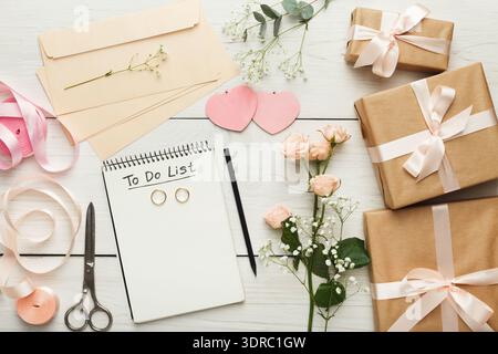 Collage of Planning for an Event With Gifts, Flowers, and Stationery on a Wooden Table in a Home Stock Photo