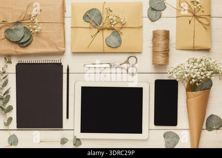 Gift Wrapping Setup on a Table With Tools and Materials for Crafting Stock Photo